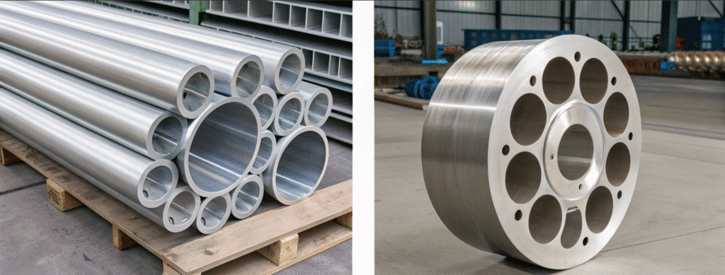 A cross-section of a 7075 aluminum tube next to a solid 7075 forged disc, highlighting the difference in material integrity.